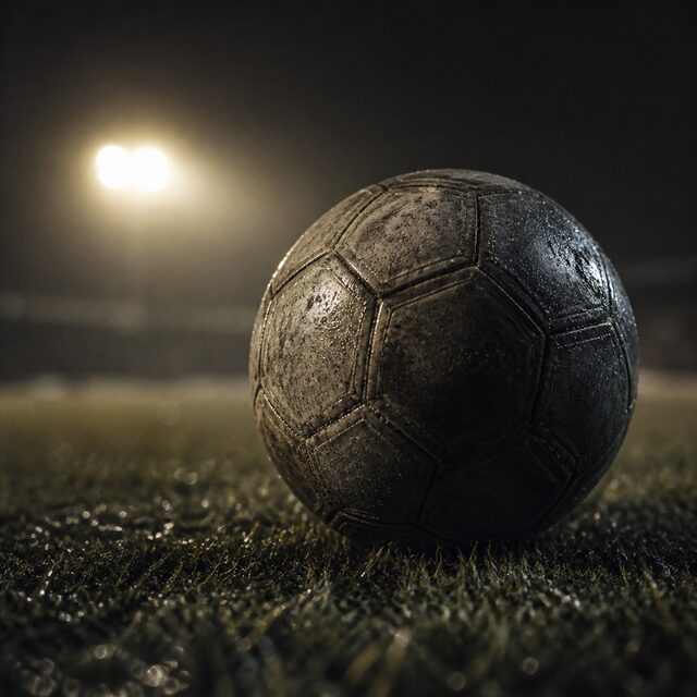 Football on floodlit wet grass