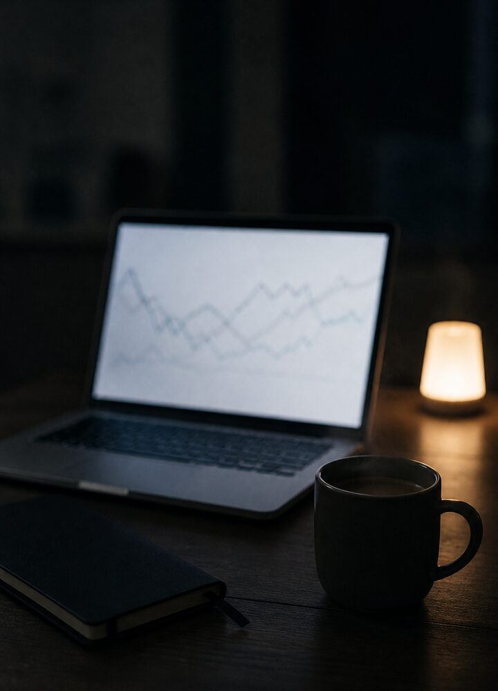 Late-night desk with charts on screen