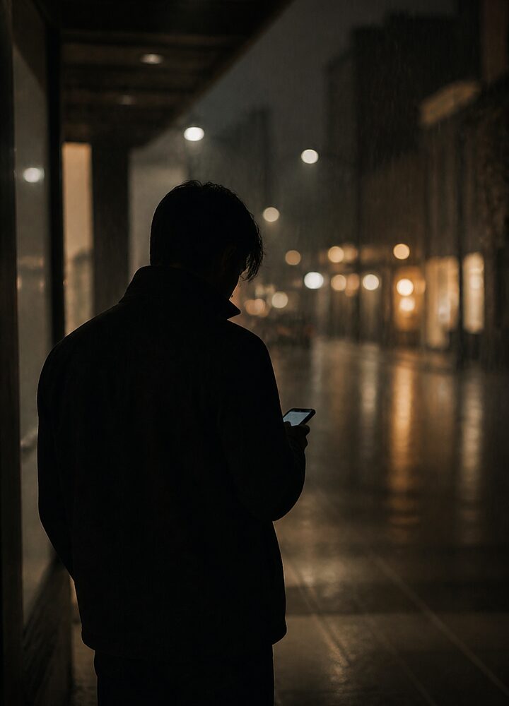 Checking a phone under a walkway at night