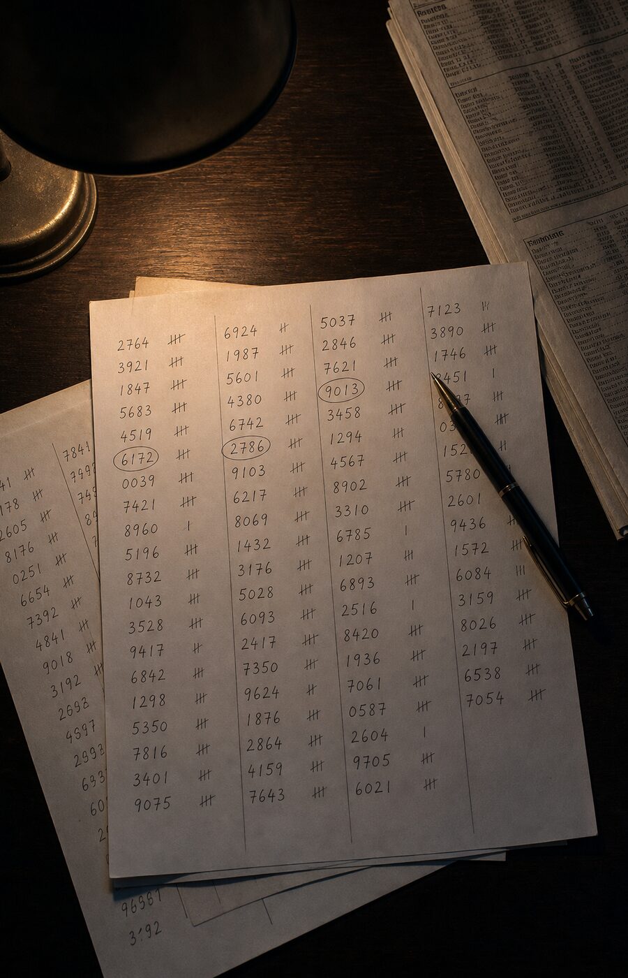 Hand-tallied draw results on a printed sheet